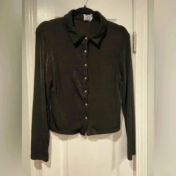 Princess Polly Black Stretchy Snap Front Long Sleeve Collared Top Size 12 - Picture 1 of 11